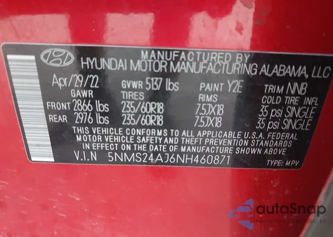 2022 Hyundai Santa Fe Sel из США, поврежденный, VIN 5NMS24AJ6NH460871